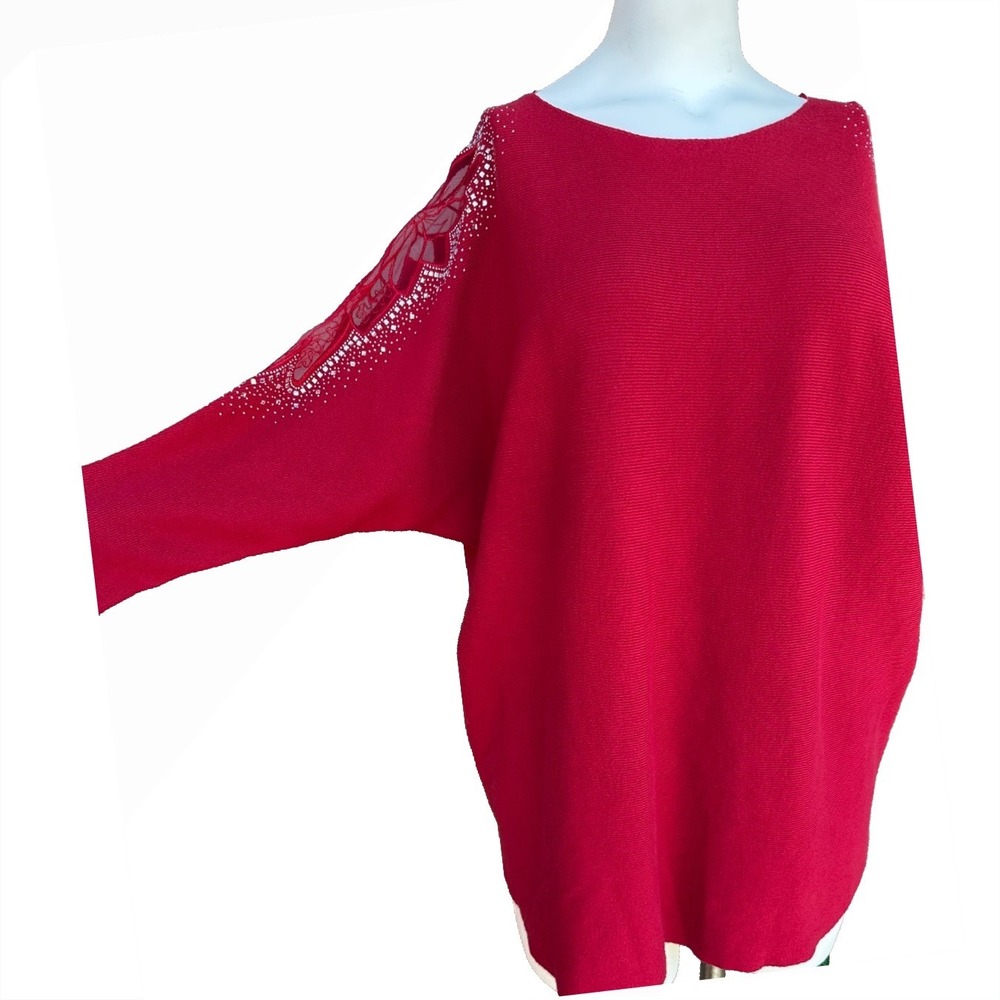 Siren Lily Red Sweater Top 1X Plus Size Rhinestone Lace Dolman Sleeve Holiday